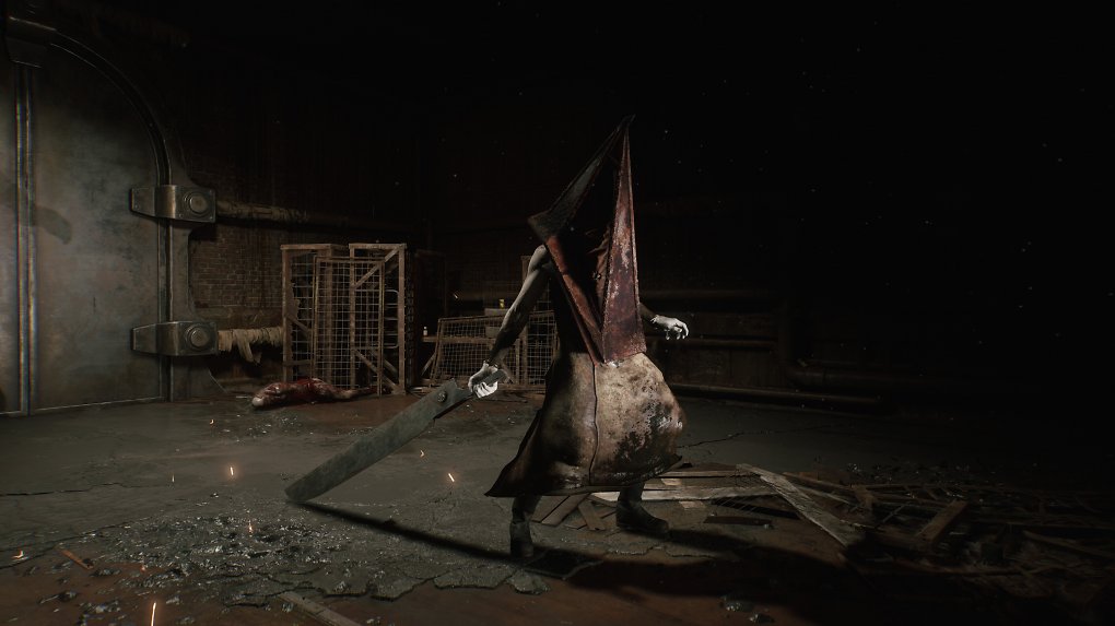 Pyramid Head aus Silent Hill 2 zieht ein riesiges Schwert hinter sich her