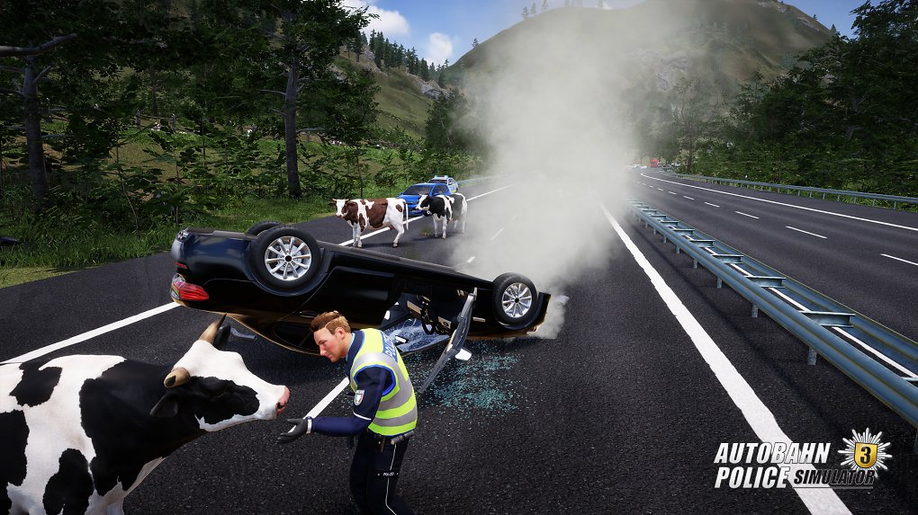 Kühe auf der Fahrbahn sorgen für einen Unfall im Autobahn Polizei Simulator 3.