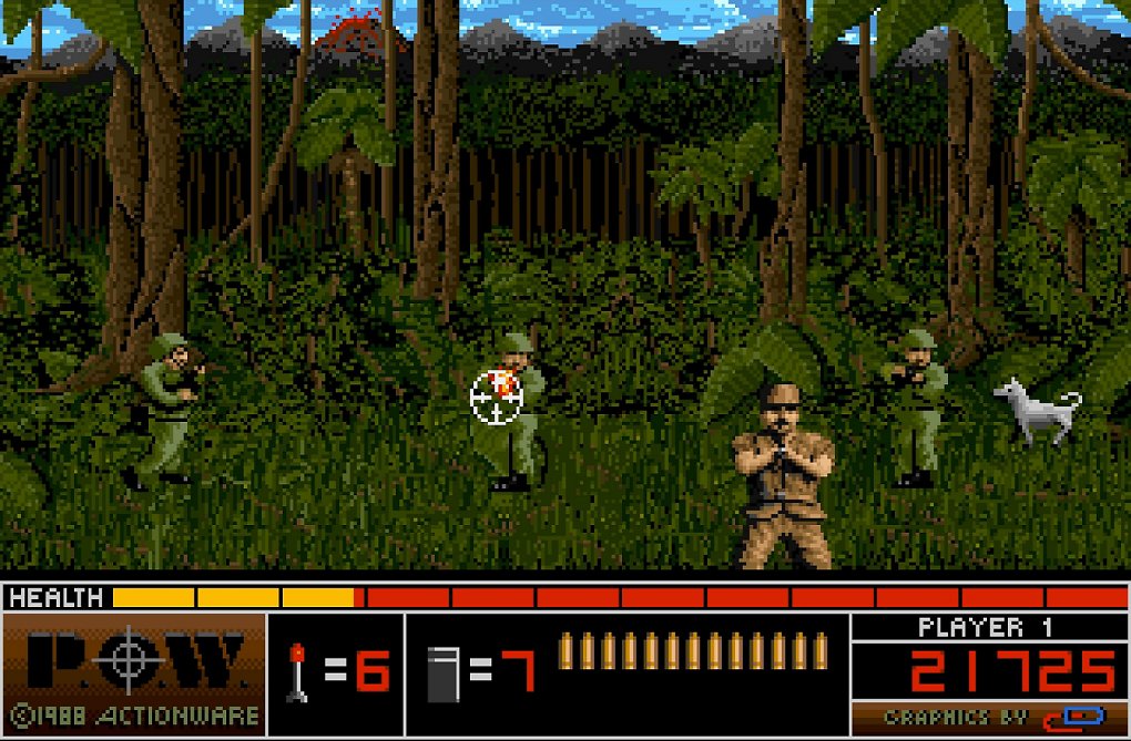 Szene aus dem simplen Ballerspiel P.O.W. - Prisoner of War, das die BPjS am 13. April 1989 auf die Liste der jugendgefährdenden Schriften setzte.