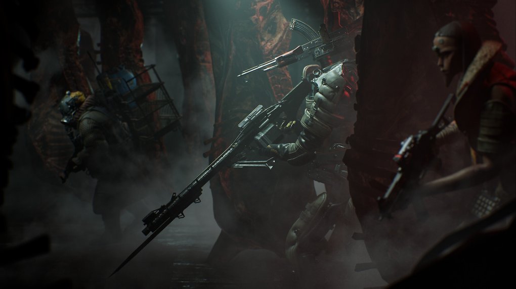 Kämpfer in einem Schlachthaus. Einer davon hat ein Sturmgewehr als Kopf.