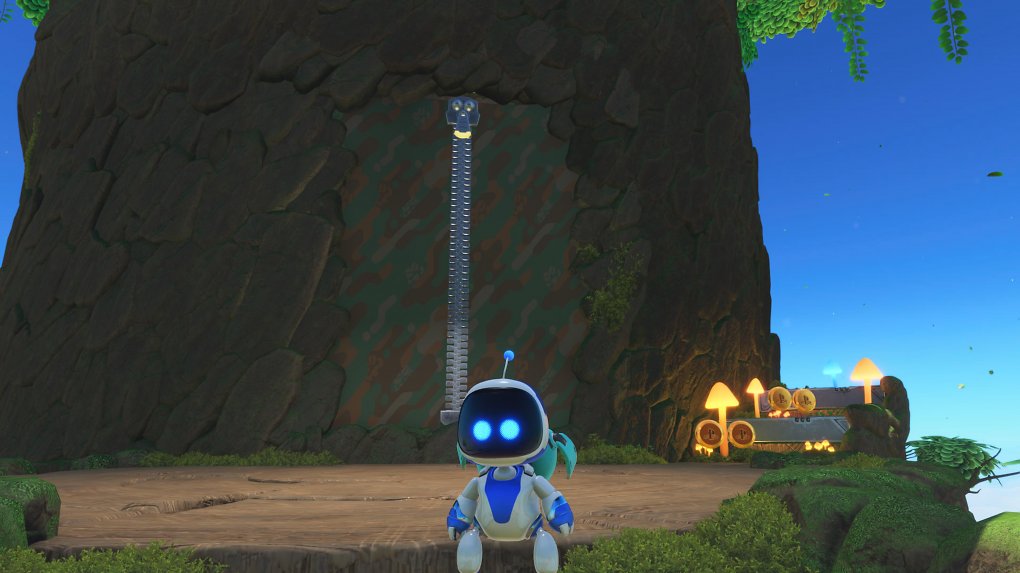 Astro Bot steht vor einem großen Reißverschluss