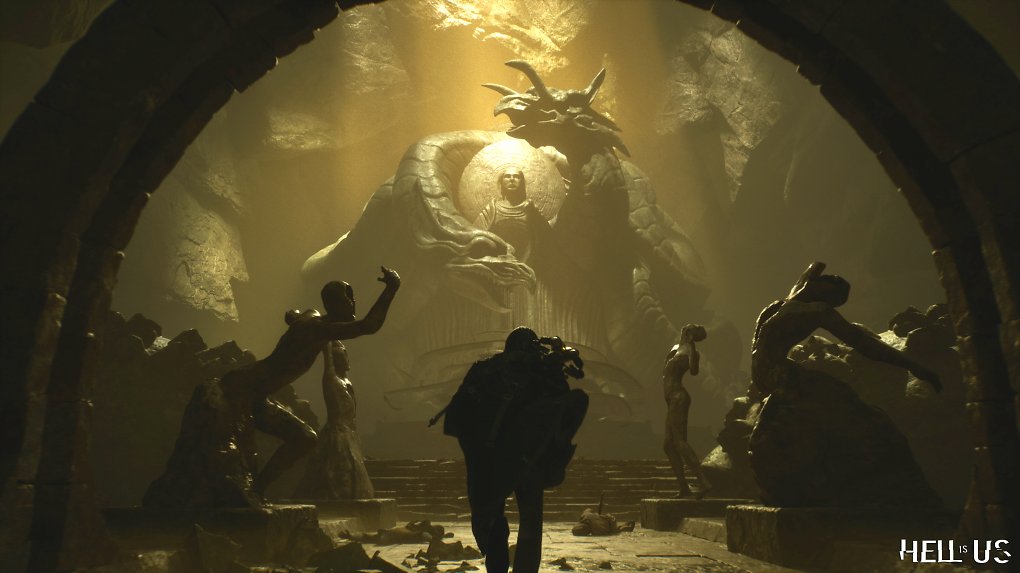 Ein Tempel in gelblichen Licht, mit einer großen Figur einer Person mit drachenartige Kreaturen drumherum