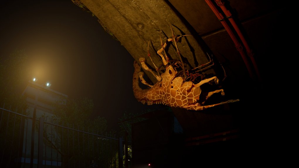 Eine mutierte Giraffe läuft in Zoochosis an der Decke