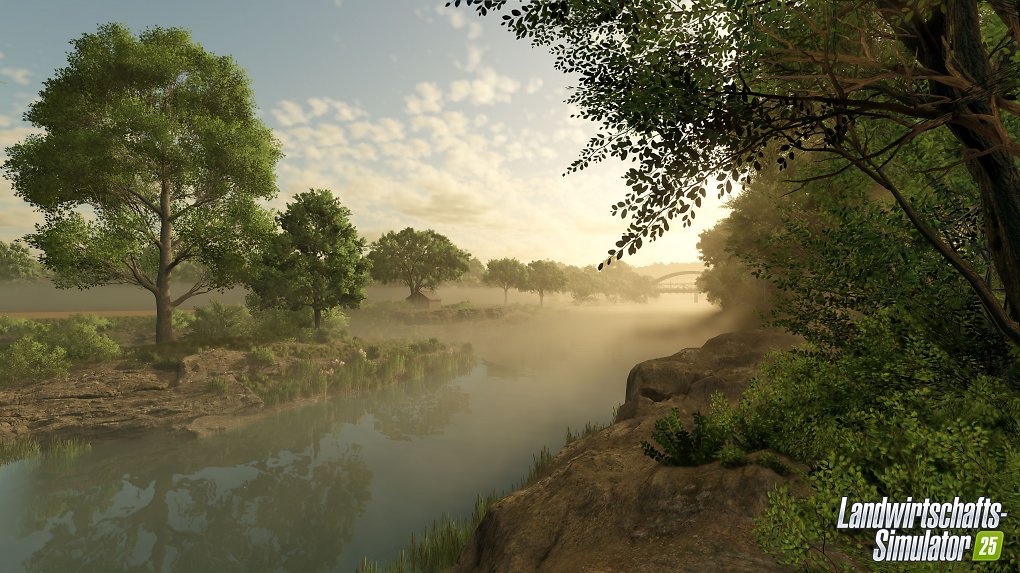 Ein Ausblick über die Landschaft mit Morgennebel