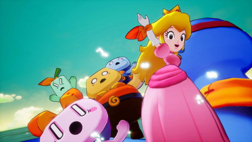 Peach steht neben einigen Bewohnern und winkt in die Kamera