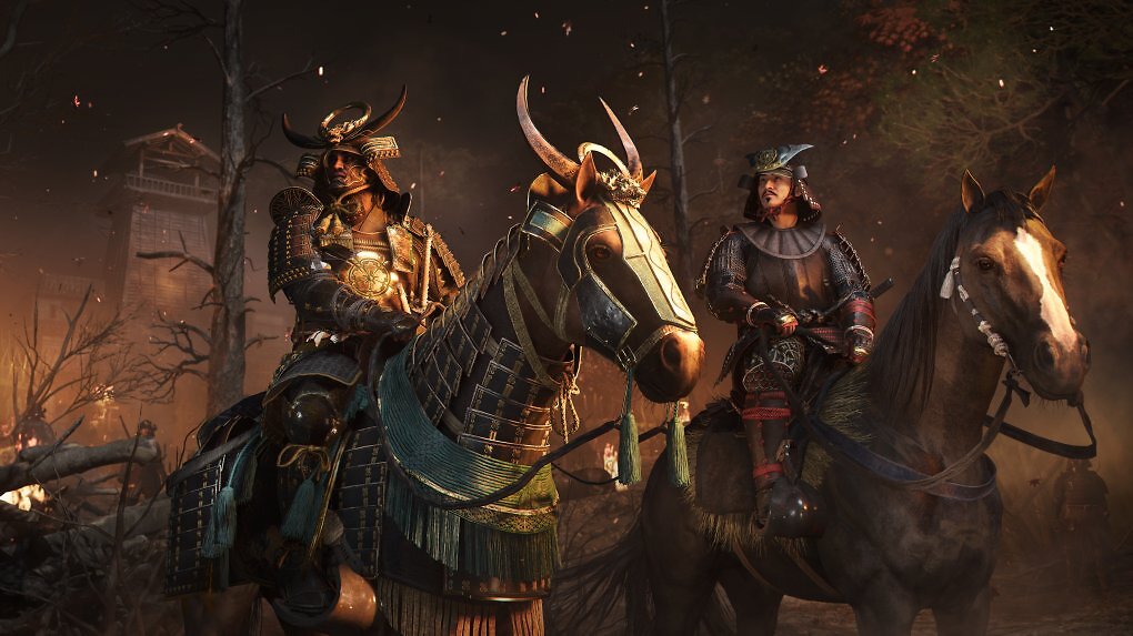 Yasuke und Oda Nobunaga sitzen auf Pferden und beobachten eine Schlacht.