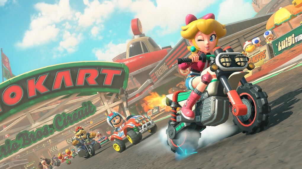 Prinzessin Peach fährt Motorrad in Mario Kart World.