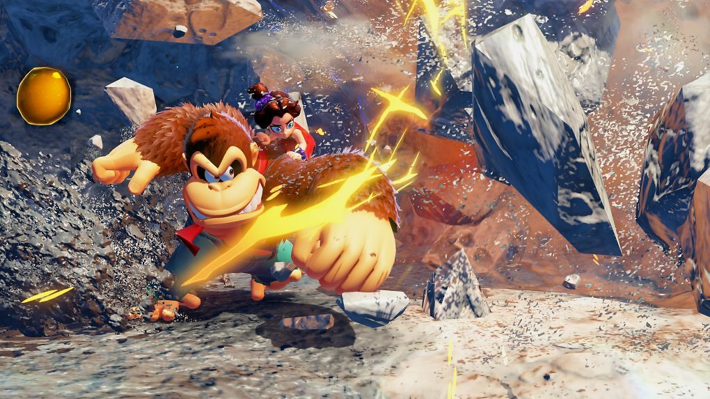 Donkey Kong zerschmettert einen Felsen.