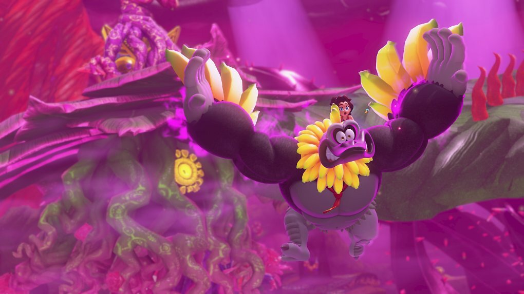 Donkey Kong als Straußen Bananza fliegt über die Level.