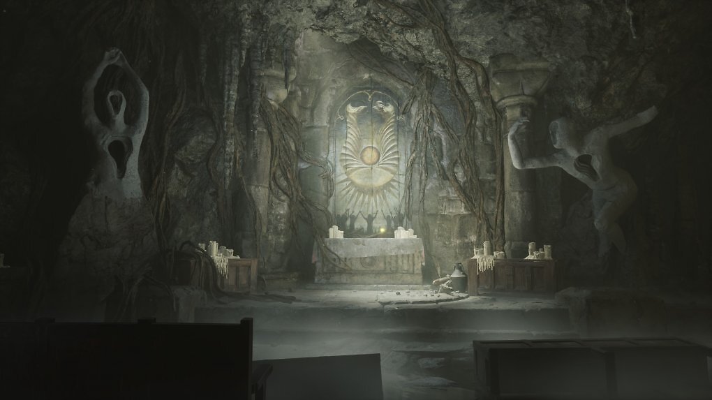 Ein Altar in einem Dungeon zwischen zwei Statuen von Hollow Walkern.