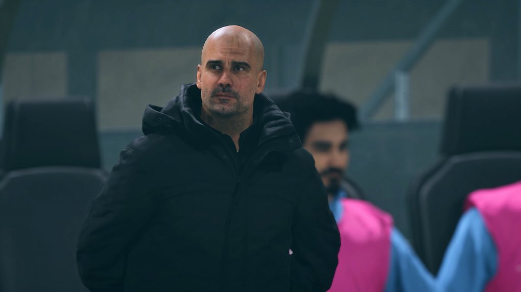 Nicht ganz klar, ob Regen oder Schweiß - Pep Guardiola sieht in den Animationen originalgetreu aus.