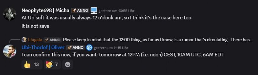 Im Anno-Discord der englischen Sektion zu Anno 117 bestätigt ein Ubisoft-Mitarbeiter die Uhrzeit.