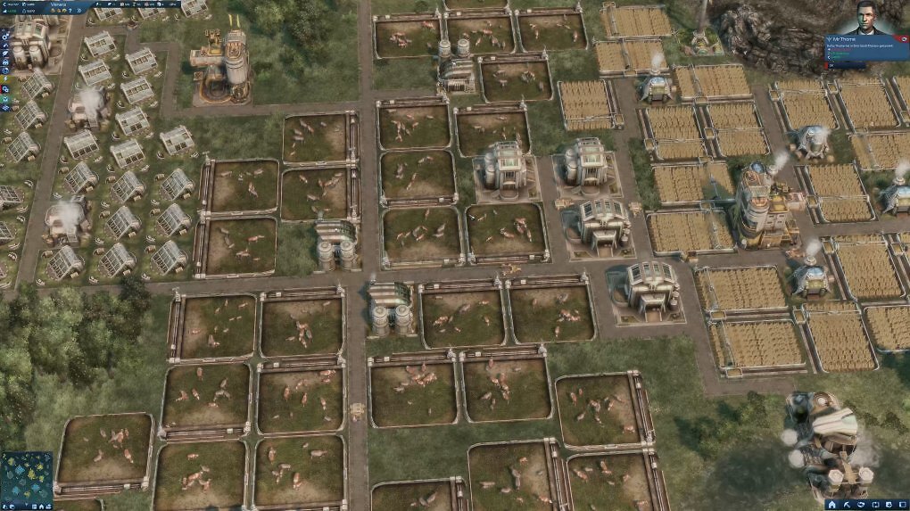 Eine Produktionsinsel in Anno 2070 mit zahlreichen Feldern.