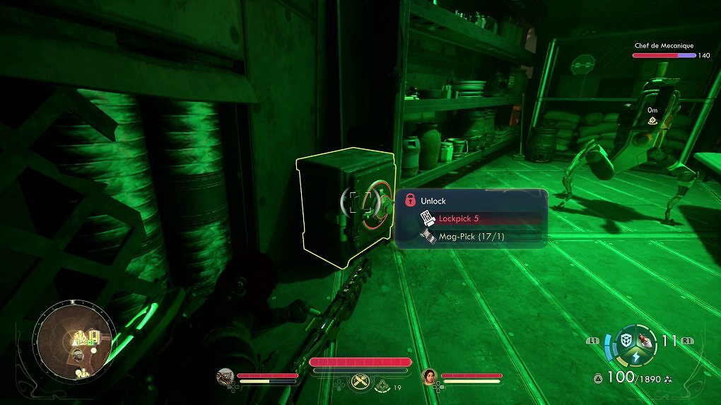 Leider haben wir nicht den richtigen Skill, um einen Questgegenstand aus diesem Safe zu klauen. Zum Glück können wir den Roboter rechts hacken und ihn überreden, uns das Item zu geben.