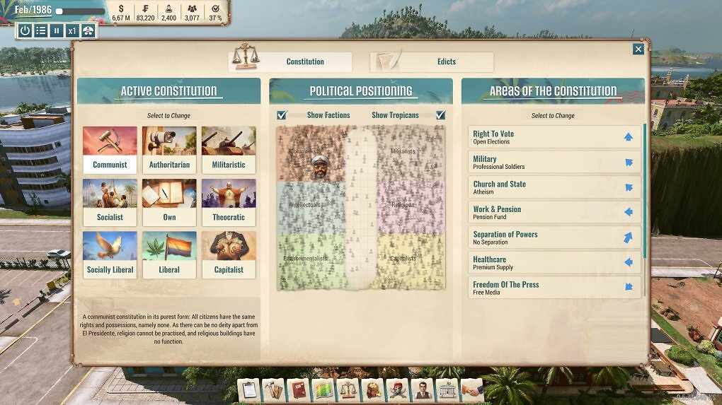 Auf der politischen Matrix in der Mitte erkennen wir auf einen Blick die ideologische Ausrichtung unseres El Presidente und aller anderen Bewohner von Tropico.