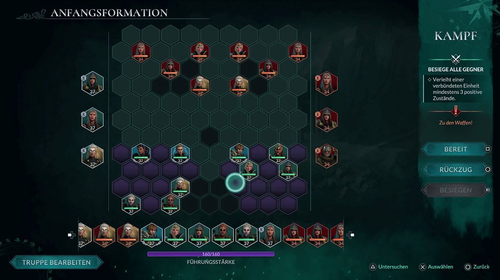 Zu Beginn eines Kampfes bearbeiten wir die Startformation unserer Kämpfer. Neben den Gegnern müssen wir dabei auch mögliche Hindernisse beachten (schwarze Felder).