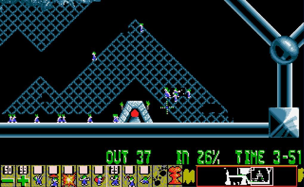 In einigen Levels ist die Orientierung erheblich erschwert. In diesem Gitternetz laufen die Lemmings kreuz und quer durcheinander. Auch die Basher kommen mit den vielen Lücken nicht zurecht.