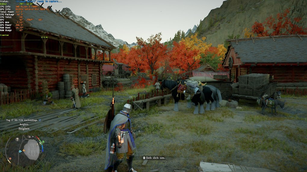 Der Protagonist steht in einem Dorf. Vor ihm sind zwei Pferde an einem Holzzaun angebunden.