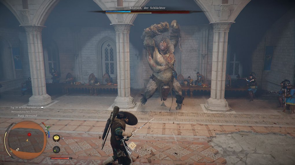 Ein großes affenähnliches Monster bäumt sich vor dem Protagonisten auf.
