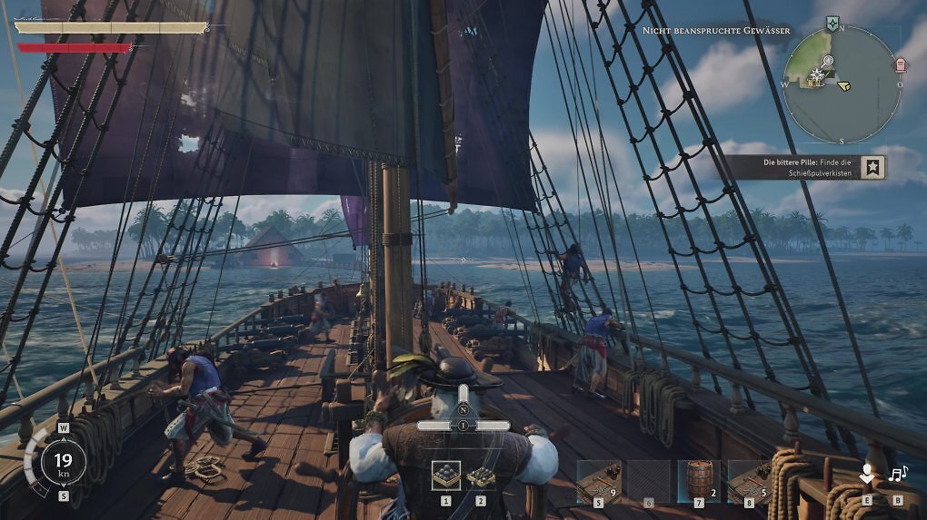 Während wir in den ersten Spielstunden mit unserem Segelboot nur sehr langsam von Insel zu Insel schippern, geht es mit der großen Ketsch deutlich zügiger.