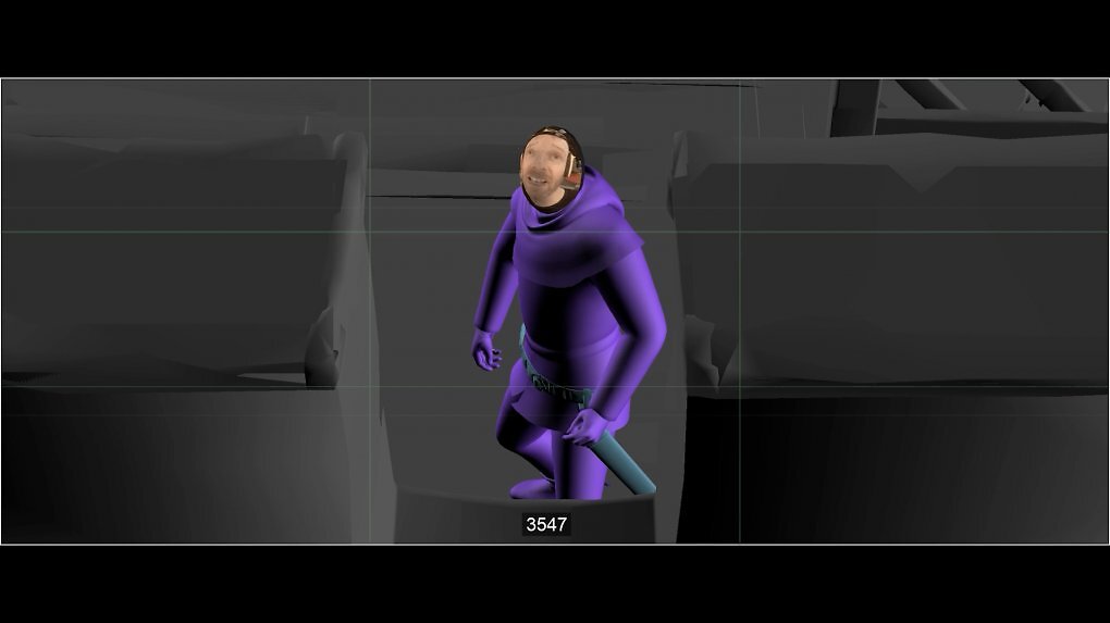 Behind the Scenes Material. Eine grobtexturierte Figur mit der Aufnahme des Motion Captures als Gesicht.
