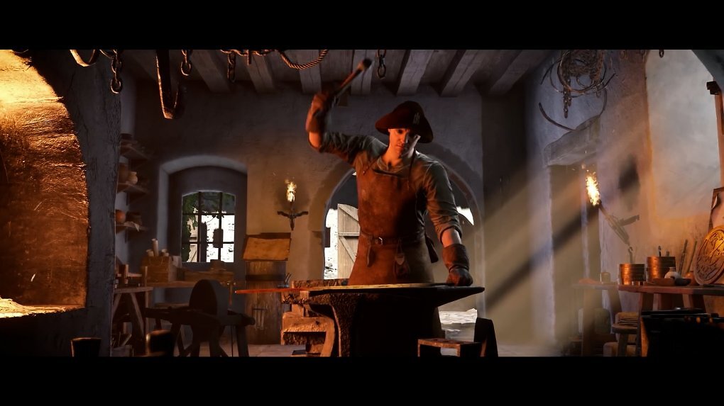 Heinrich aus Kingdom Come 2 arbeitet in einer Schmiede
