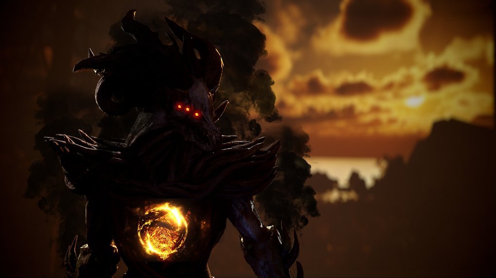 Ein schwarzes Monster mit roten Augen und einem leuchtend gelben Energiekern auf der Brust. Im Hintergrund ist ein bewölkter Sonnenuntergang zu sehen.