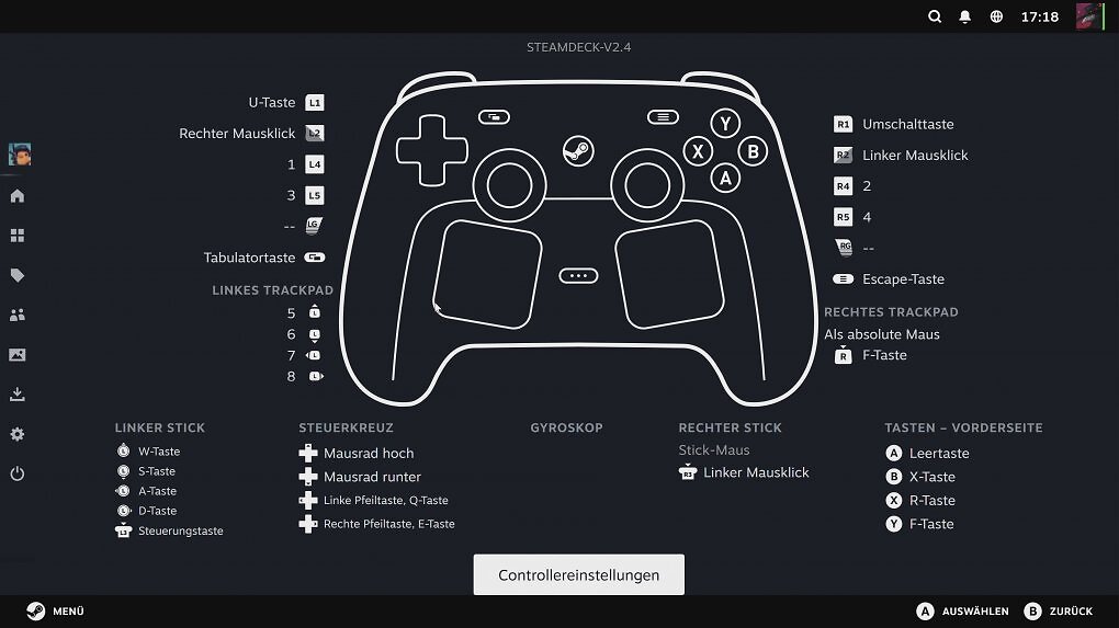 Auf diesem Bildschirm seht ihr euer aktuelles Layout auf einen Blick. Hier werdet ihr vermutlich öfter mal nachschauen müssen, wenn ihr gerade ein Maus-und-Tastatur-Spiel mit dem Controller zockt, schließlich gibt es da meist einige Befehle zu verteilen.