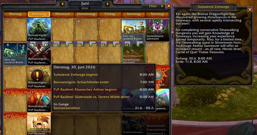 Auf dem Testrealm für WoW Patch 12.0.7 findet das Zeitwanderungs-Event 'Turbulente Zeitwege' jetzt zwei Wochen später statt und läuft vier Wochen kürzer.