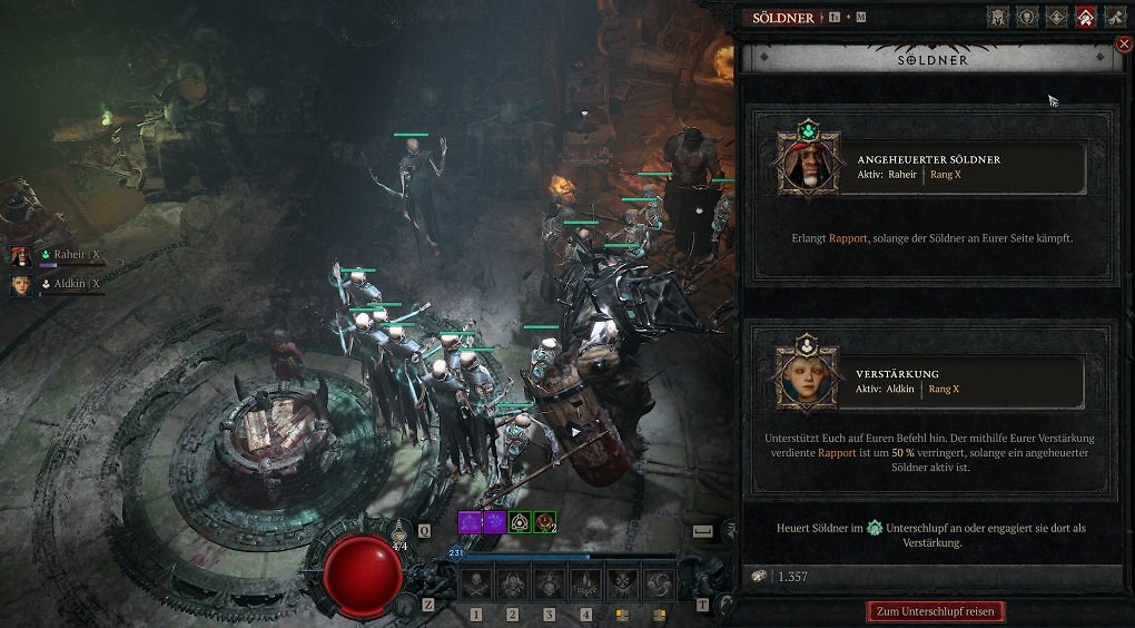 Diablo 4 Söldner Menü im Spiel mit angeheuertem Söldner Raheir auf Rang X und Verstärkung Aldkin auf Rang X für den Totenbeschwörer Frost-Lich Build.