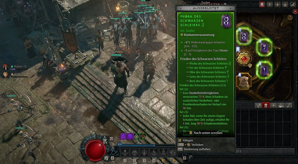 Diablo 4 Talisman Set-Ausrüstung Menü-Screenshot mit Phoba des Schwarzen Schleiers und aktivem 5 von 5 Set-Bonus Frieden des Schwarzen Schleiers für den Totenbeschwörer.