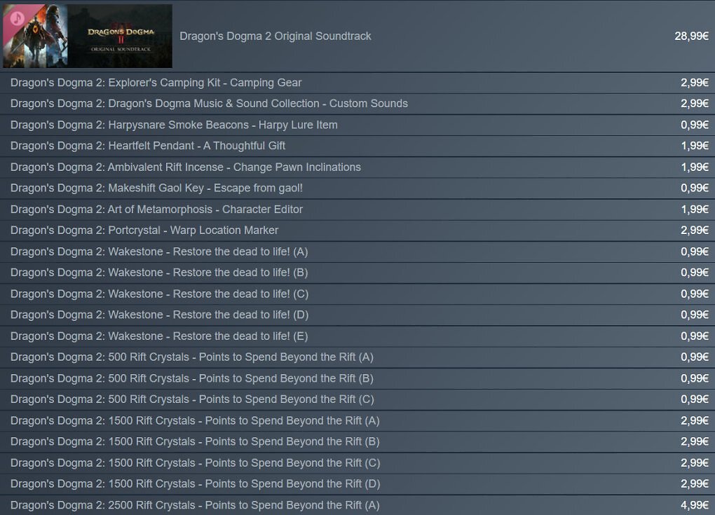 Das ist die Liste der DLC-Inhalte von Dragon's Dogma 2 auf Steam. Demnächst sollten da nur noch zwei Artikel stehen!