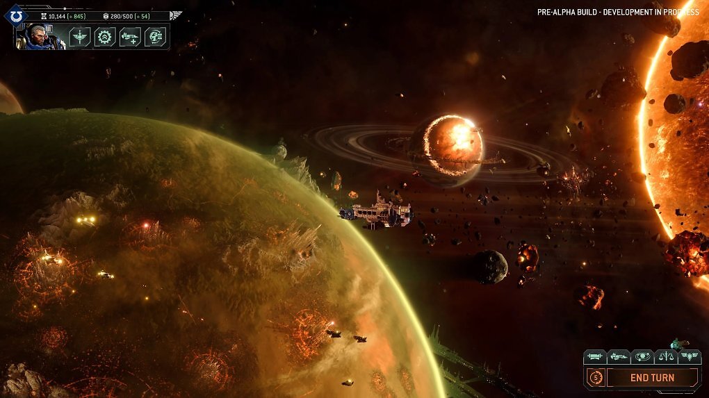 EXTERMINATUS! Während die Space Marines den Orbit einer Makropolwelt erreichen, ist im Hintergrund zu sehen, wie ein Planet endgültig vernichtet wird.