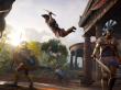 Artwork aus Assassin's Creed Odyssey zeigt einen Sprungangriff des Helden auf seine Gegner vor der Kulisse der griechischen Antike.