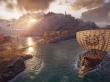 Artwork aus Assassin's Creed Odyssey, das ein Schiff in einem malerischen Panorama des antiken Griechenlands zeigt.