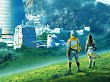 Zwei Personen schauen auf einem fremden Planeten auf eine entfernte Stadt