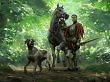 Ritter mit Pferd und Hund im Wald