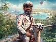 El Presidente aus Tropico 7 auf einem Lama - im Hintergrund eine Bucht, Dschungel und Stadt