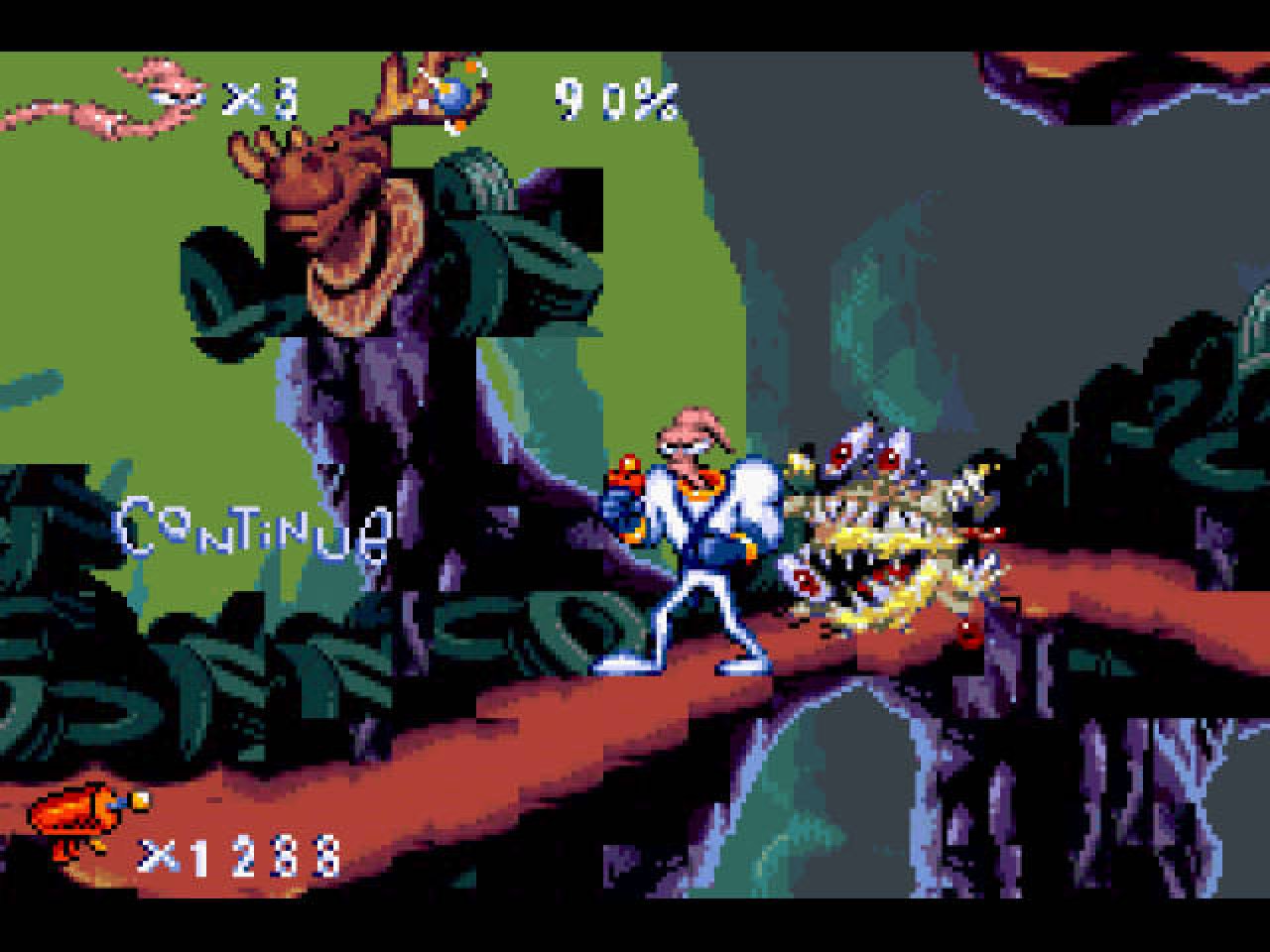[25/09/2001] Earthworm Jim ist kein einfaches Spiel. Um gegen die zahlreichen Gegner zu bestehen, müssen wir geschickt ausweichen und unseren Blaster einsatzbereit haben.