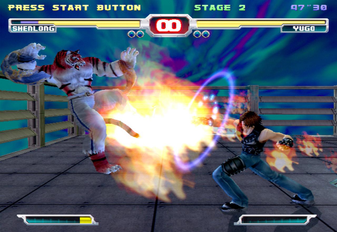 Yugo der Wolf schleudert Shenlong den Tiger durch die Arena