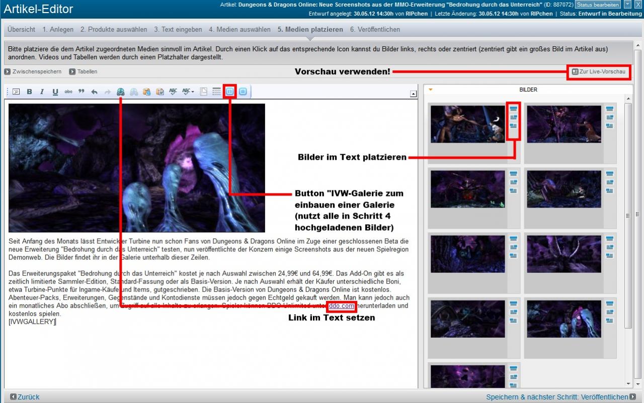 [30/05/2012] In Schritt 5 können die hochgeladenen Medien (Bilder und Videos) nun im Text eingebunden werden. In der rechten Spalte seht ihr Icons, die ein Bild entweder rechts oder links im Text einfügen oder in voller Breite über den Fließtext platziert werden.