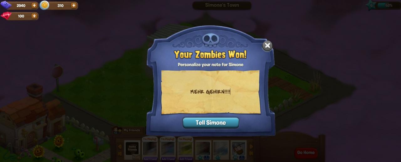 [28/05/2013] Freunden kann man Zombies in den Garten schicken und die Verteidigung austesten. Falls man durchkommt, sackt man deren Geld ein.