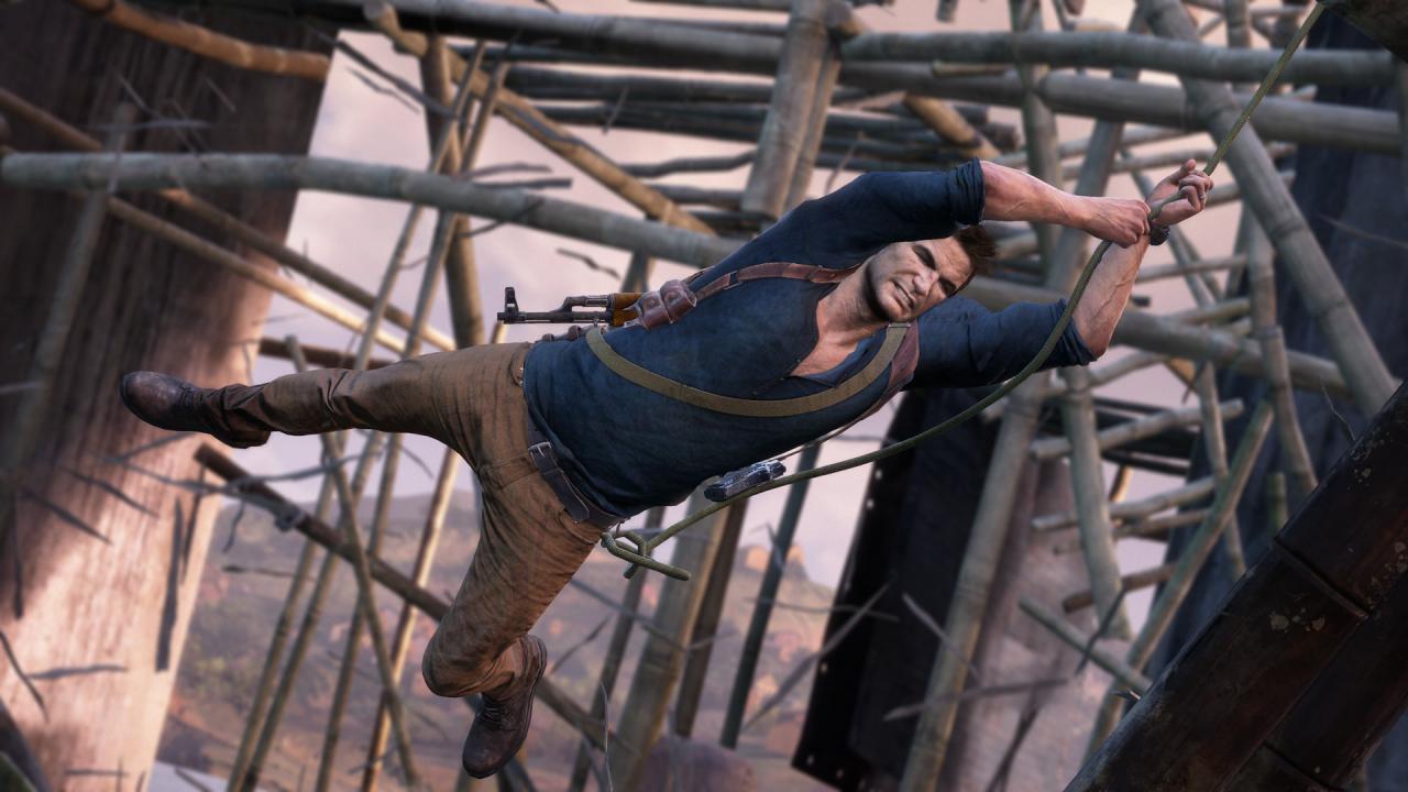 [17/06/2015] Inszeniert wie ein Kino-Film: Nathan Drake hangelt sich mit Enterhaken durch die Welt.