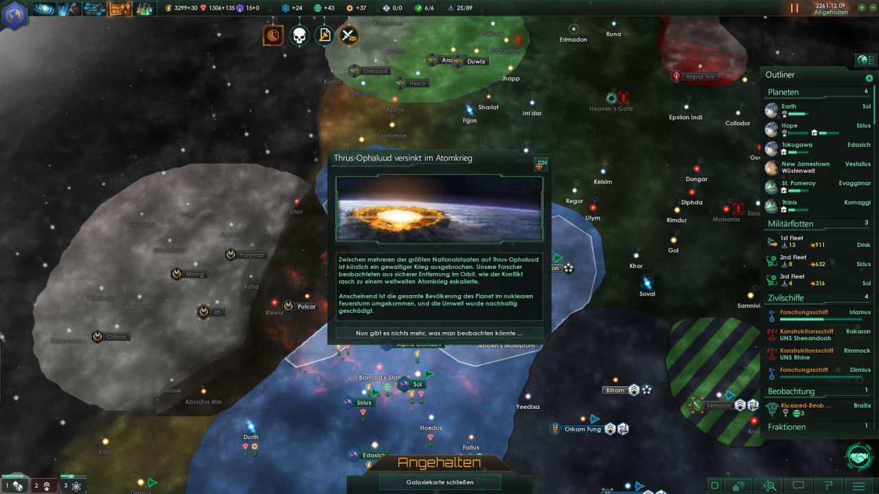 [07/05/2016] Die Präsentation von Stellaris ist knochentrocken. Das Strategiespiel entfaltet seine Faszination vorrangig über (auf Wunsch deutsche) Texte.