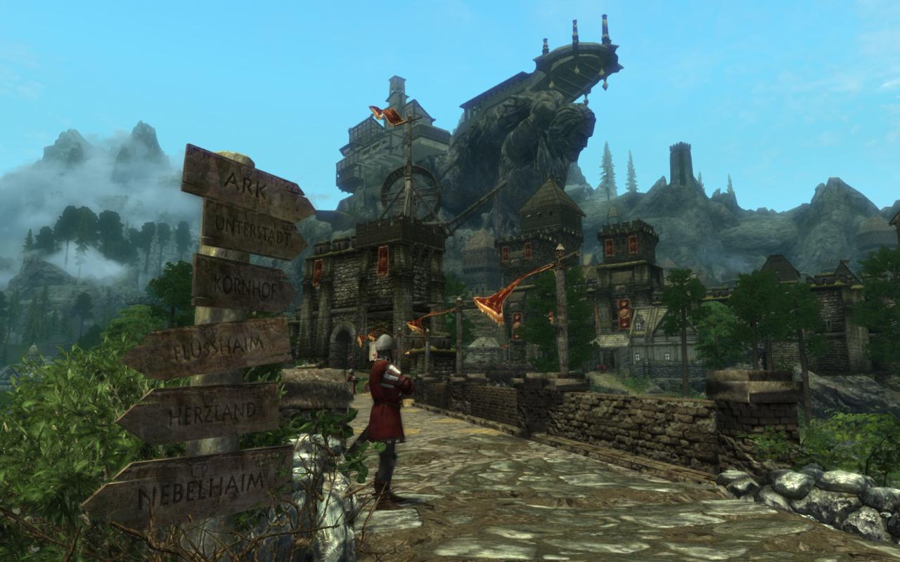 Vor der imposanten Stadt Ark verweist den Spieler eine Vielzahl an Schildern auf die vielen anderen Orte von Enderal.