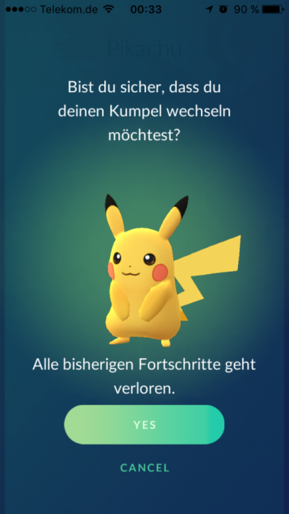 [25/09/2016] Der Wechsel eures Pokémon-Begleiters ist zwar jederzeit möglich, allerdings geht eventuell erspielter Fortschritt verloren.