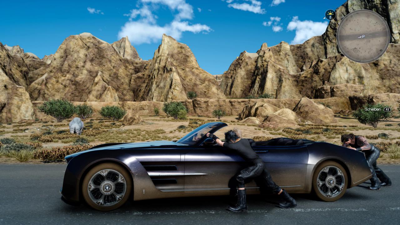 [01/12/2016] 1. Als erste Aktion in Final Fantasy 15 (nach dem Intro) schiebt ihr mit Held Noctis eure Karre - den Regalia - nach Hammerhead, beziehungsweise bis zur ersten Cutscene. Dazu haltet ihr die Taste R2, respektive RT gedrückt. Während die Charaktere das Auto schieben, blickt ihr euch mit Hilfe des rechten Analogssticks um.
