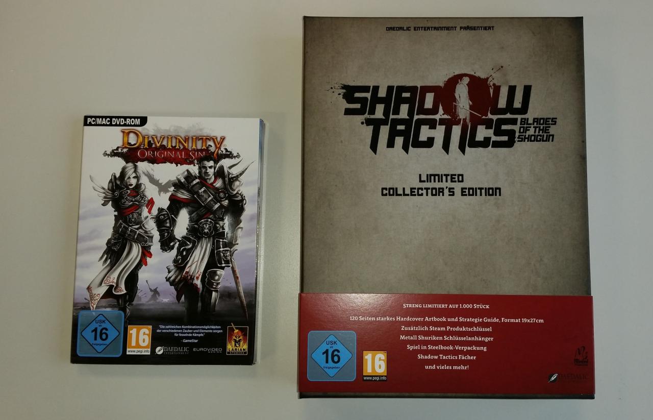 [07/12/2016] Größenvergleich: Links eine normale Version von Divinity: Original Sin, rechts die Collector's Edition von Shadow Tactics.