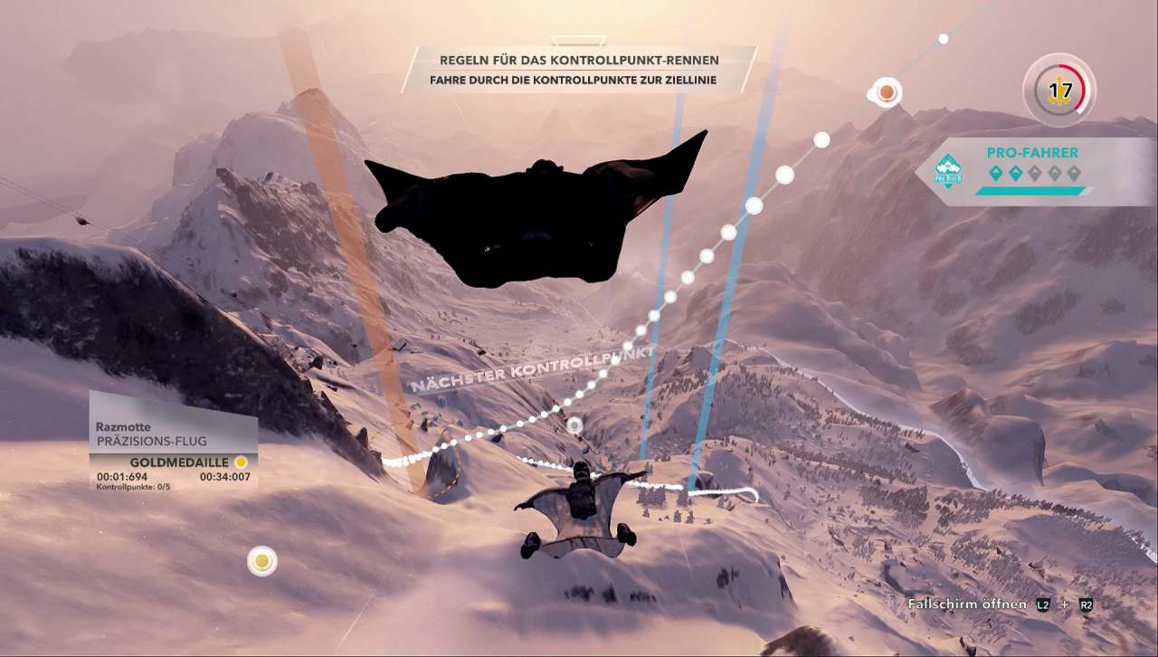 [08/12/2016] Die Wingsuit-Challenges sind teilweise knackig schwer und führen durch verschlungene Täler sowie durch Felsspalten hindurch.