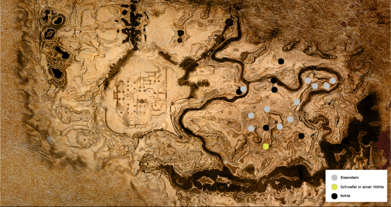 [10/02/2017] Auf dieser Map haben wir euch Vorkommen an Eisenstein und Kohle sowie eine Schwefelhöhle markiert. Es gibt noch weitere Orte, die allerdings viel mehr Gefahren beinhalten.